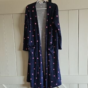 LuLaRoe Navy and Pink Polka Dot Long Open Cardigan